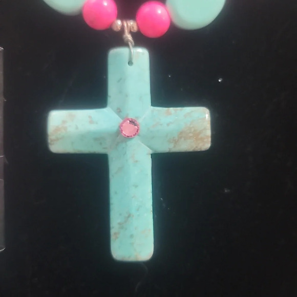 Faux turquoise white pink blue beaded cross necklace & earrings set - Picture 2 of 4
